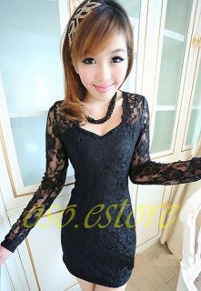 Ladies See Through Close Fitting Floral Lace Long Sleeve Party Mini