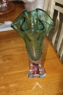 Vintage Adam Jablonski Signed Crystal Art Glass Vase Red Green Clear