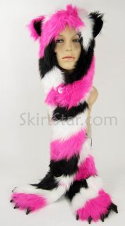 Faux Fur Hood Cat Pockets Long Arms Hat Snowboard Kitty Black White
