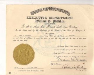  for James O. Cornetet Signed by Michigan Governor William G. Milliken