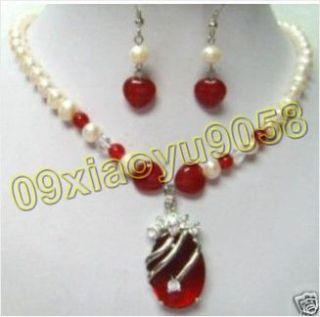 Beautiful White Pearl Red Jade Necklace Pendant Earring Set