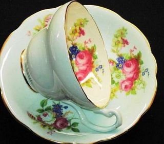 EB Foley England Pink Rose Gold Blue Wide Tea Cup and Saucer