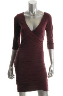 James Perse New Purple 3 4 Sleeves Ruched V Neck Wrap Fit Casual Dress