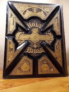Antique Holy Bible Color Steel Wood Plates Leather Unmarked Family pgs