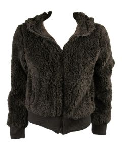 Me Jane Womens Brown Faux Fur Fleece Hooded Zip Up Jacket L $50 New