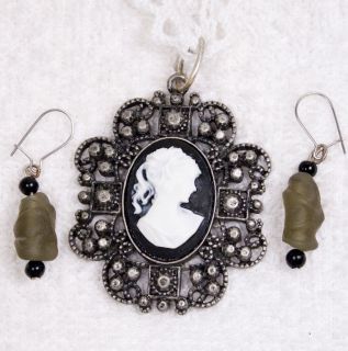 Vintage Jewelry Set Victorian Style Black Cameo Pendant Earrings