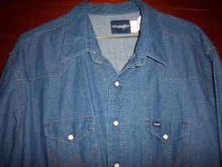 Mens WRANGLER Cowboy cut snap front blue jean Denim Shirt XXL 20 X 34