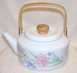 Jay Import Co 1987 Floral Enamel Teapot Wooden Handle Nice