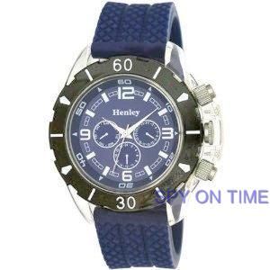 Henley Mens Round Blue Dial Watch with Blue Ribbed Rubber Strap BNIB