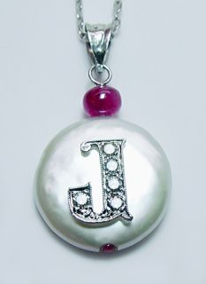 Designer Diamond Initial J Button Pearl Ruby 14k White Gold Pendant