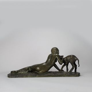 Antique Art Deco Bronze Girl and Lamb by ARY Jean Leon Bitter