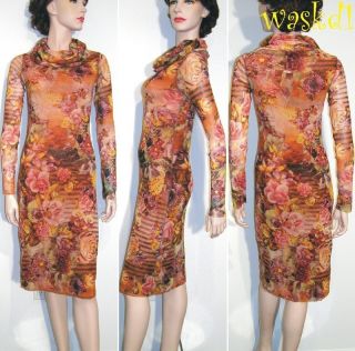 Jean Paul Gaultier Orange M Striped Flowers Cowlneck Dress Authentic