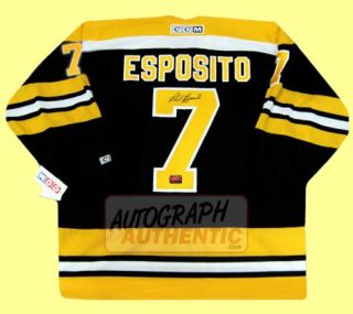 Boston Bruins jersey autographed by Phil Esposito. The jersey is semi