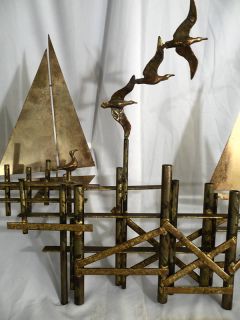 Curtis Jere Brass Sailboats Birds Dock Wall Sculpture