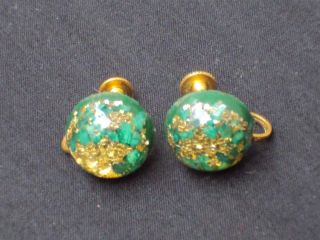 Vintage Green Gold Confetti Button Screw on Back Earrings S216