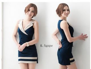 D1858 New Sexy V Neck Navy Double Breasted Slim Tank Dress