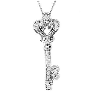 25ct Diamond Fleur de Lis Key Pendant Necklace Luxury 14k White Gold