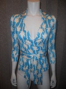 DVF Diane Von Furstenberg Jill Vintage Silk Jersey Wrap Top Palm Vine