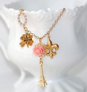 Eiffel Tower Fleur de Lis Pink Flower Vintage Necklace