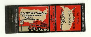 Jimmy Wilson Storage Matchcover York PA Allied Van Lines Truck Company
