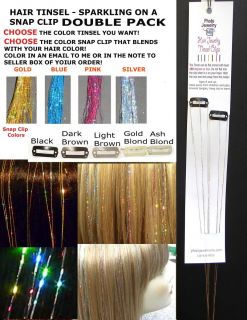 Hair Tinsel on Snap Clips Pick Your Color Double Pack