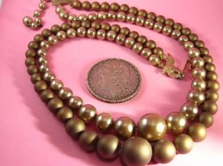 Vtg Satin Brown Gold Faux Pearl Necklace Large