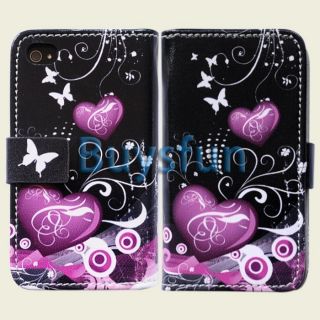 Purple Heart Style Card Slot Wallet Leather Case Cover for iPhone 4 4G