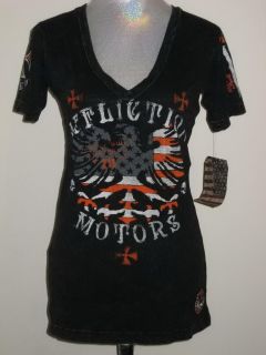 Affliction American Customs Eagle Flag Orange Vee Neck T Shirt Womens