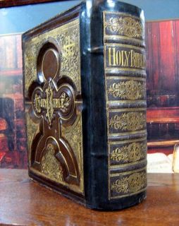 Antique Family Holy Bible Unmarked Steel Plates Leather  