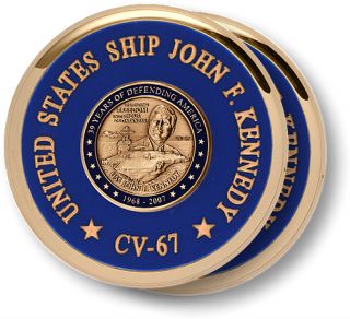 United States Navy USS John F Kennedy Brass Coaster Desk Medal 2pc Set w Base  
