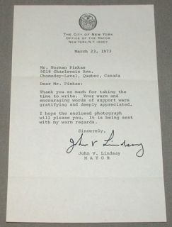 John V Lindsay New York Mayor Signed Letter  