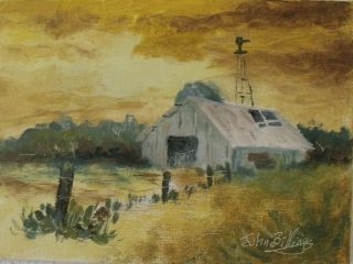 John Billings Original 5x7 Oil Painting Sunrise Clouds Barn Windmill Fence Trees  