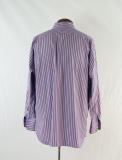 John W  Light Blue Burgundy Cotton Striped Dress Shirt Size 17 ST649S  
