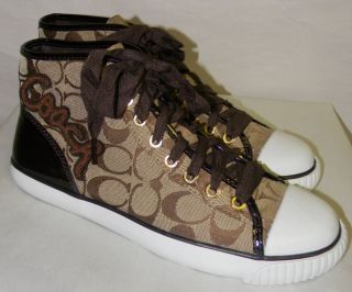New Coach Garcia Khaki Signature C Brown Patent Leather Sneakers Sz 8 A1049 NIB  