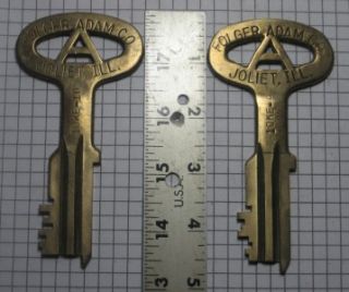 2 Antique Vintage Old Joliet Brass Prison Jail Keys  