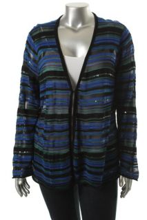 Jones New York NEW Blue Sheer Sequined Striped Long Sleeve Casual Top Plus 3X  