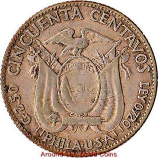 1928 Ecuador 50 Centavos Silver Coin Antonio Jose de Sucre KM 71  