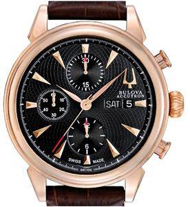 Bulova Accutron Men's Rose Gold Brown Leather Strap Chronograph Watch 64C104  