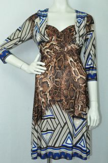 Joseph Ribkoff 22836 Electric Blue Brown Animal Geometric Print Dress Sz 8 UK 10  