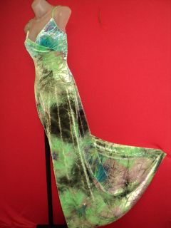 Cache Vintage Crinkled Velvet Green Rainforest Formal Gown Dress Large  