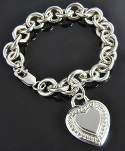 Judith Ripka Sterling Silver 925 Heart Lock Tag Charm Cable Chain Bracelet 7 25"  
