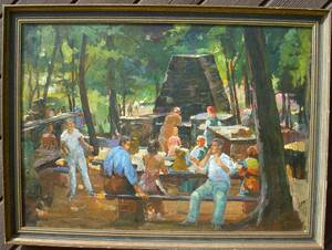 LARGE 23x32 BUSY CAMPGROUND OIL PAINTING BY WELL LISTED NY ARTIST JOSEPH NEWMAN  