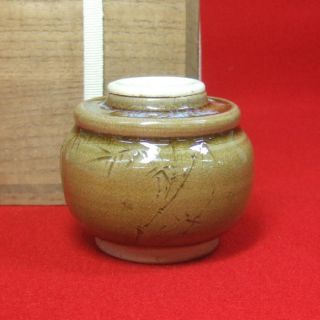 H147 Japanese old yellow SETO pottery tea caddy with good sculpture w