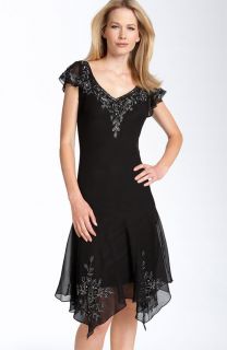 New J Kara Beaded Godet Flutter Sleeve Dress Black 12