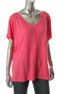 Eileen Fisher NEW Pink Linen V Neck Ribbed Trim Slouchy Pullover Top