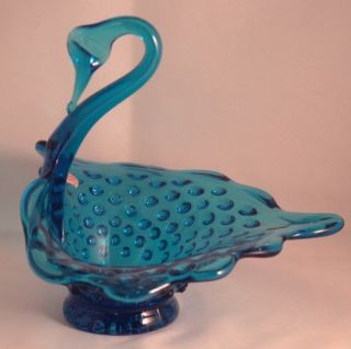 Kanawha Glass Swan Bowl Hobnail Blue 1950 1960