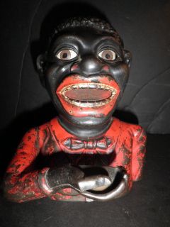 Old Original Cast Iron Jolly N Black Man Mechanical Penny Bank by