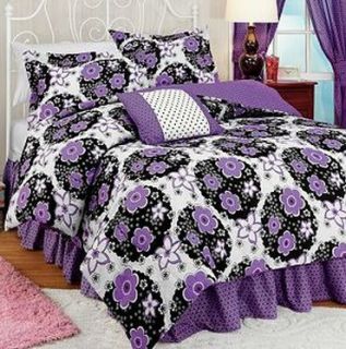 Purple White Black Floral Flower Katie Polka Dot Twin Comforter Set