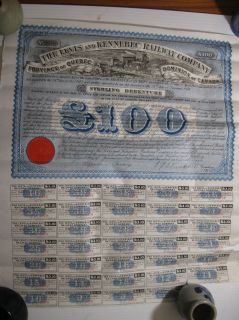 Levis Kennebec Railway 100 1876 bond Canada railroad stock certificate