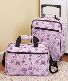 New 2 Pc Kids Butterfly Rolling Luggage Wheeled Suitcase Messenger Bag
